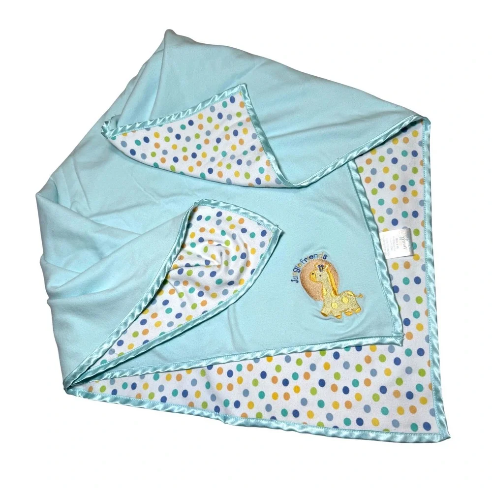 Small Wonders Blue Polka Dot Giraffe Jungle Friend Satin Trim Baby Blanket Cotto